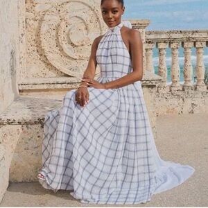 Gianni Bini White and Light Gray Plaid Halter Maxi Dress